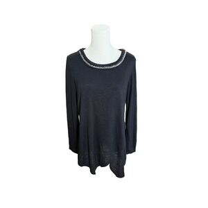 New Directions Sweater Top, Black, Asymmetrical Hem, Chain Detail on Neckline​